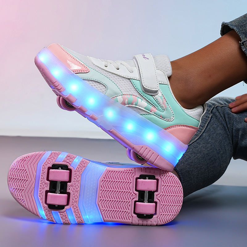 Hot Selling Roller Skating Deformed Kids' Sport Shoes Pink LED Roller Skates with 4 Wheels Light Weight PU Insole for Boys Girls